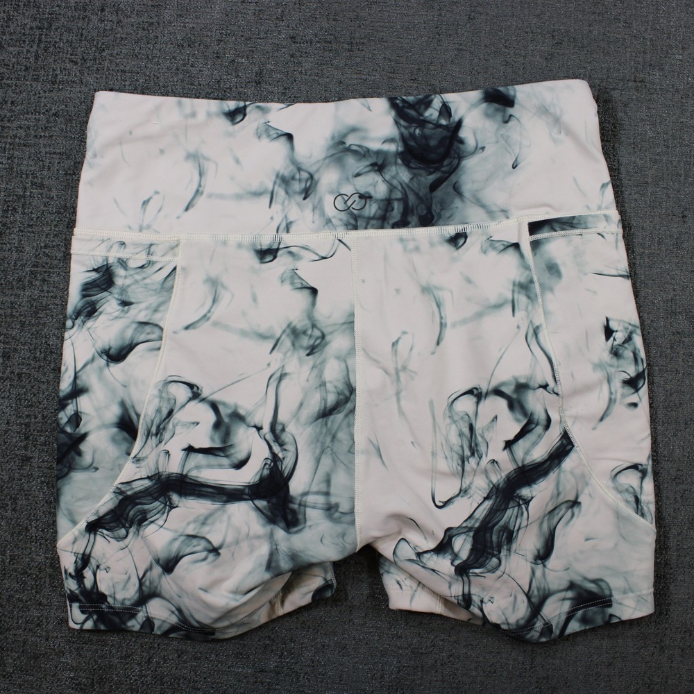 CALIA Womens White Black Smoke Marble Print Bike Shorts High Rise Pockets Large - Picture 3 of 9